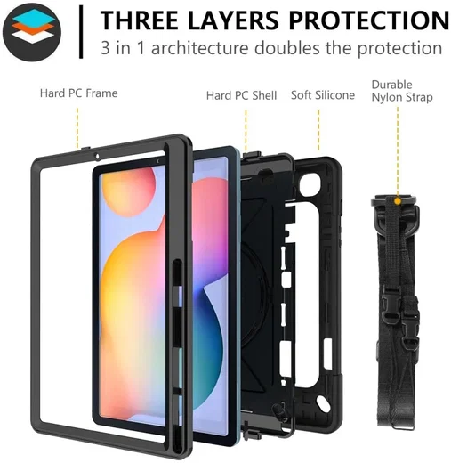 Samsung Galaxy Tab S6 Lite Hoes Back Cover met Kickstand en Handriem Zwart afbeelding 3