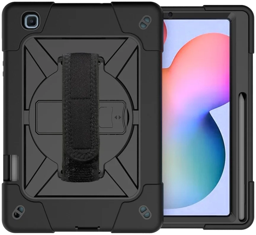 Samsung Galaxy Tab S6 Lite Hoes Back Cover met Kickstand en Handriem Zwart afbeelding 4