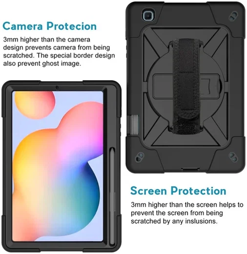 Samsung Galaxy Tab S6 Lite Hoes Back Cover met Kickstand en Handriem Zwart afbeelding 5