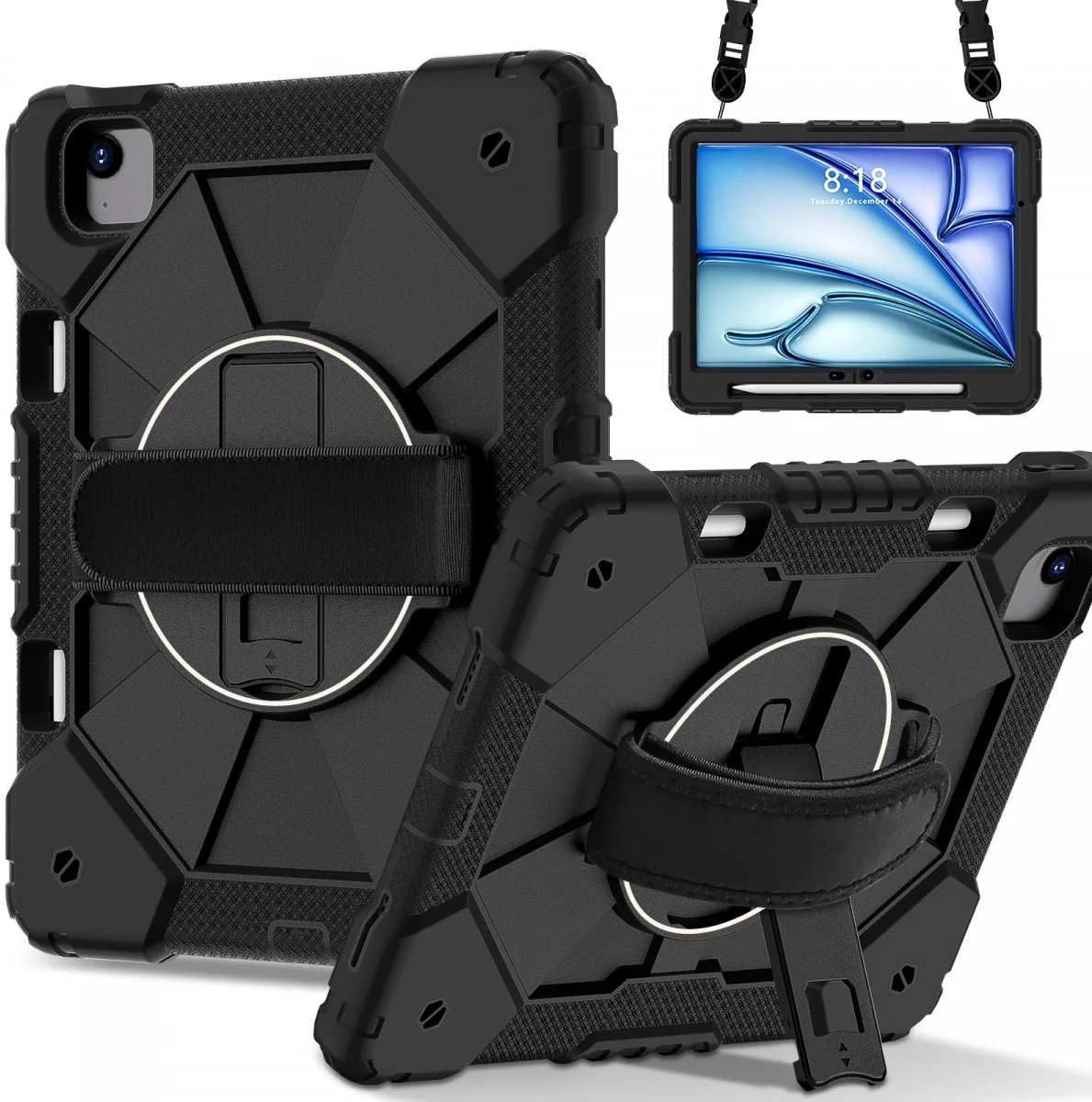 Apple iPad Air 13 (24/25/26) Hoes Back Cover met Kickstand en Handriem Zwart afbeelding 1