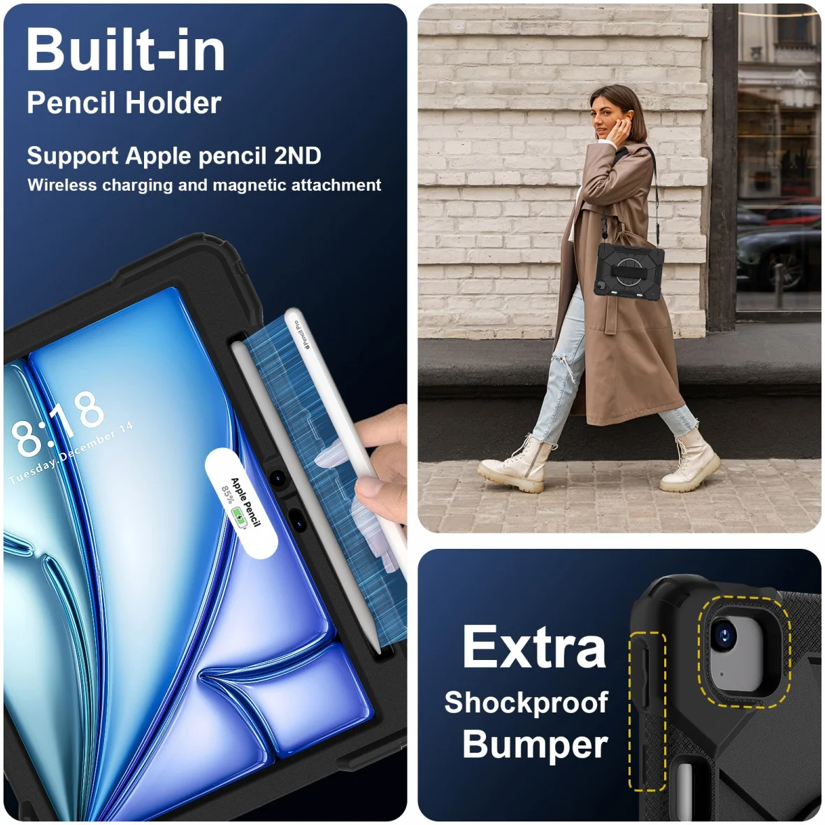 Apple iPad Air 13 (24/25/26) Hoes Back Cover met Kickstand en Handriem Zwart afbeelding 3