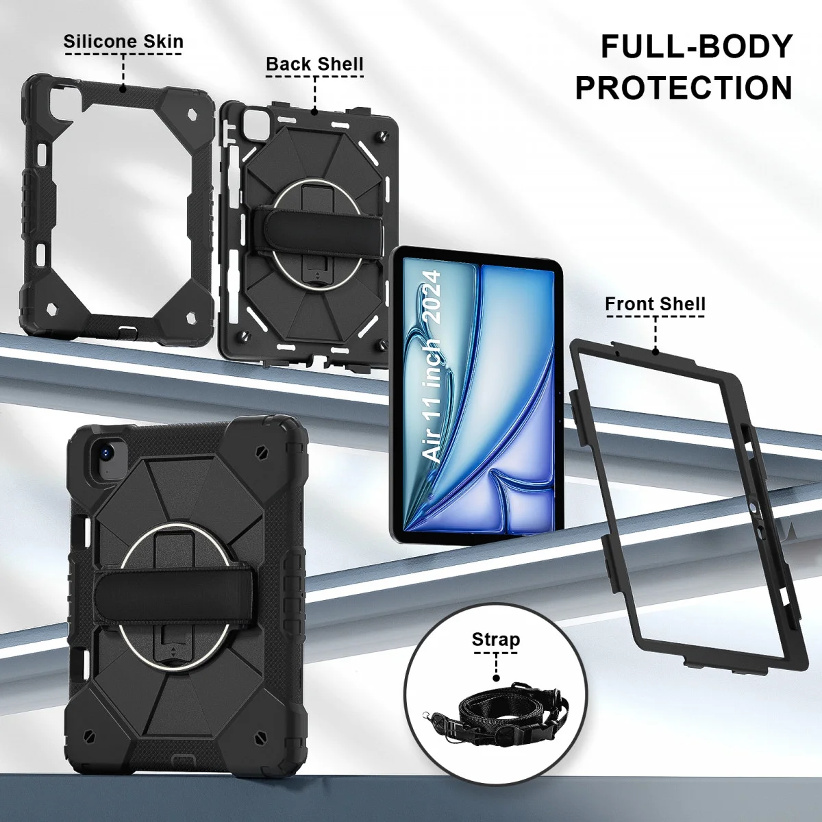 Apple iPad Air 13 (24/25/26) Hoes Back Cover met Kickstand en Handriem Zwart afbeelding 6