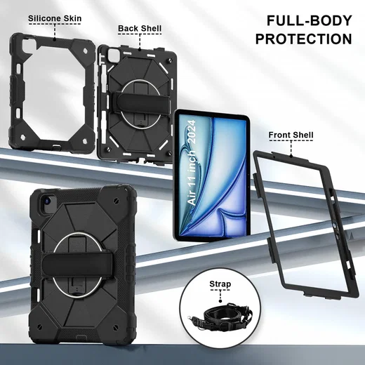 Apple iPad Air 13 (24/25/26) Hoes Back Cover met Kickstand en Handriem Zwart afbeelding 6