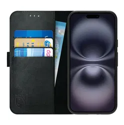 Rosso Deluxe Apple iPhone 16 Hoesje Echt Leer Book Case Zwart afbeelding