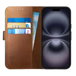 Rosso Deluxe Apple iPhone 16 Hoesje Echt Leer Book Case Bruin afbeelding
