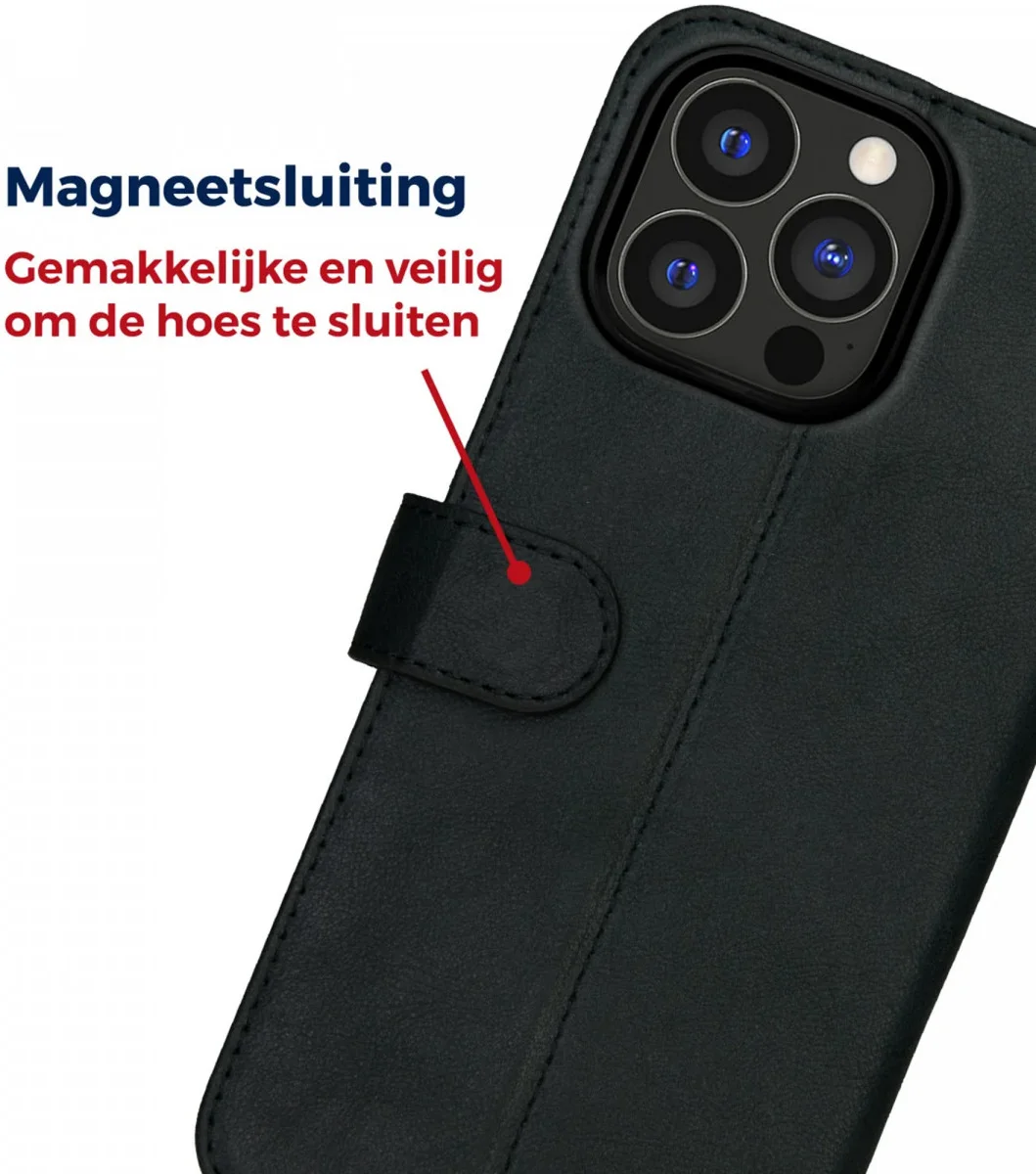 Rosso Deluxe Apple iPhone 16 Pro Hoesje Echt Leer Book Case Zwart afbeelding 7