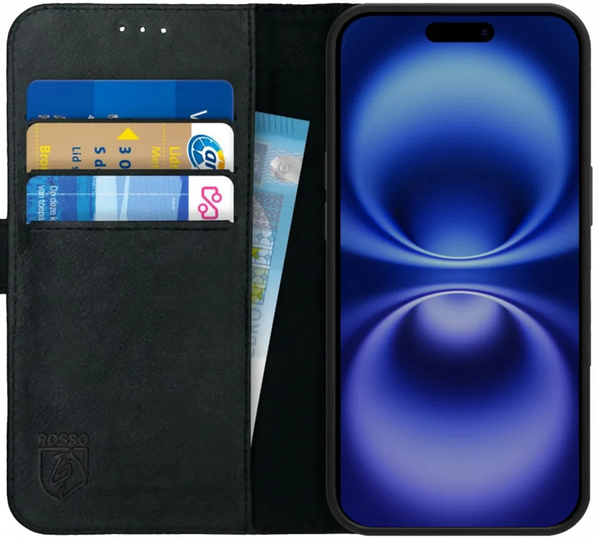 Rosso Deluxe Apple iPhone 16 Plus Hoesje Echt Leer Book Case Zwart afbeelding 1