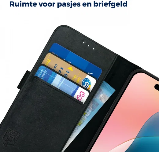 Rosso Deluxe Apple iPhone 16 Plus Hoesje Echt Leer Book Case Zwart afbeelding 5