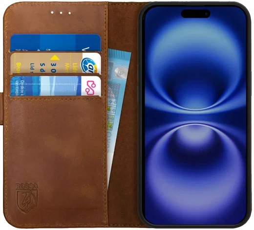 Rosso Deluxe Apple iPhone 16 Plus Hoesje Echt Leer Book Case Bruin afbeelding 1