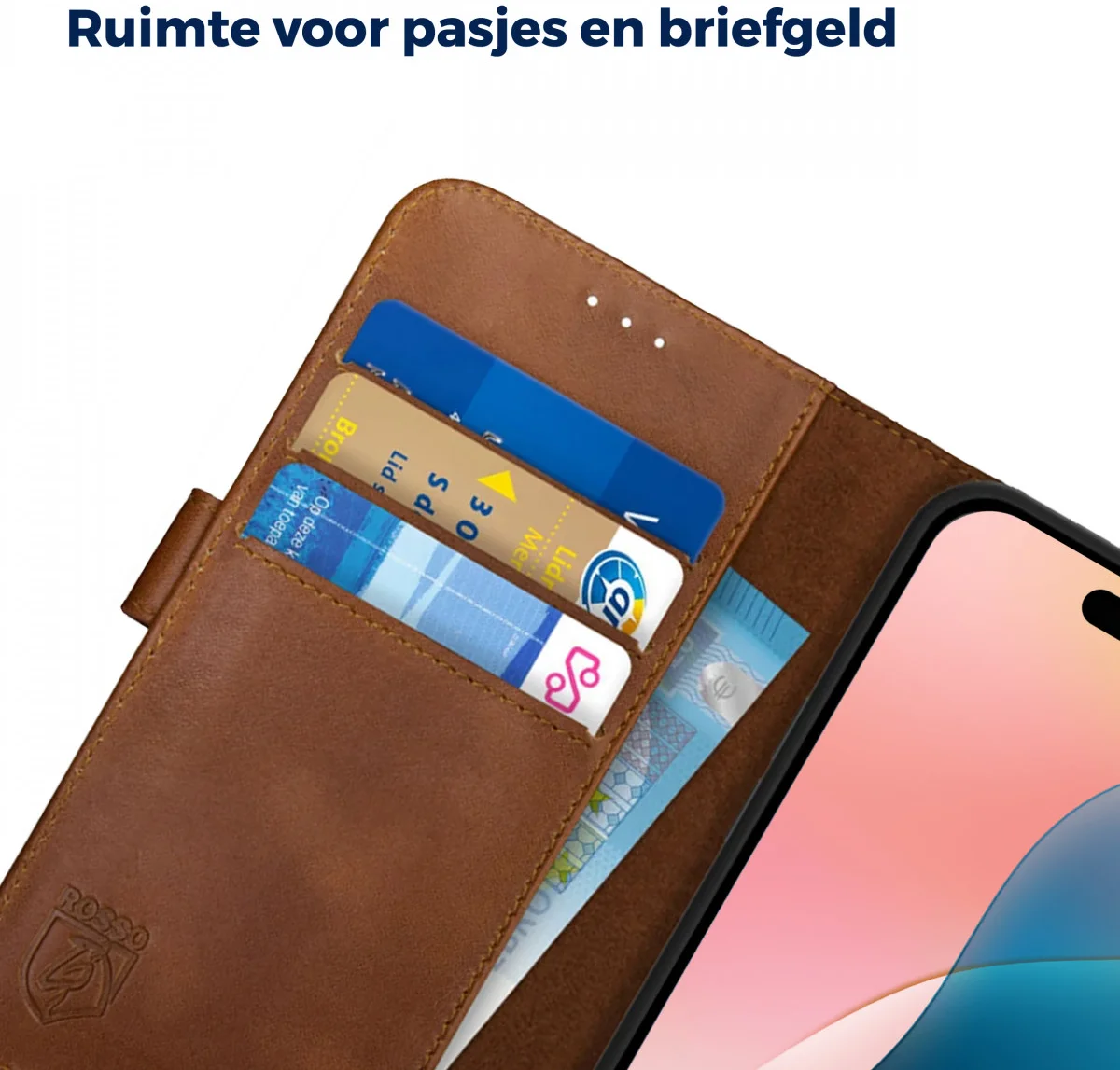 Rosso Deluxe Apple iPhone 16 Plus Hoesje Echt Leer Book Case Bruin afbeelding 5