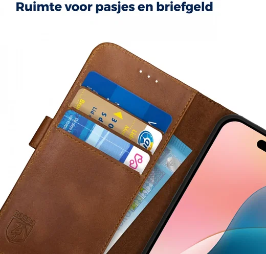 Rosso Deluxe Apple iPhone 16 Plus Hoesje Echt Leer Book Case Bruin afbeelding 5