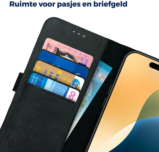 Rosso Deluxe Apple iPhone 16 Pro Max Hoesje Echt Leer Book Case Zwart afbeelding 5