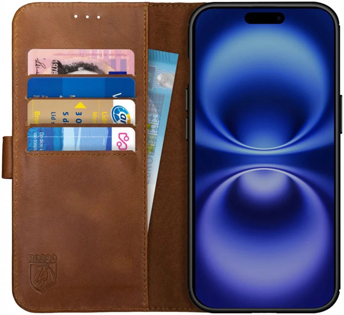 Rosso Deluxe Apple iPhone 16 Pro Max Hoesje Echt Leer Book Case Bruin afbeelding 1