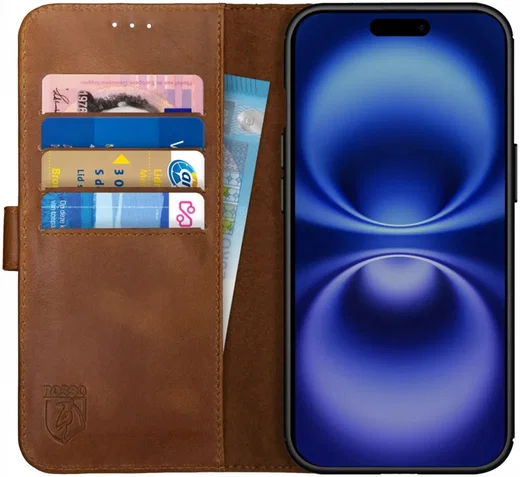Rosso Deluxe Apple iPhone 16 Pro Max Hoesje Echt Leer Book Case Bruin afbeelding 1