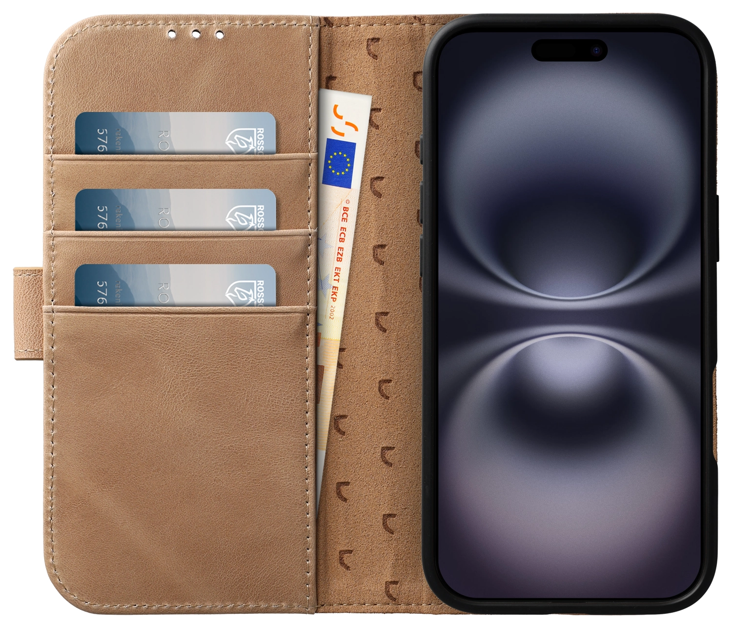 Rosso Elite Apple iPhone 16 Hoesje met MagSafe Book Case Echt Leer Lichtbruin afbeelding 2