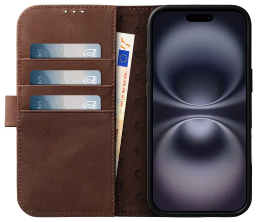Rosso Elite Apple iPhone 16 Hoesje met MagSafe Book Case Echt Leer Bruin afbeelding 2