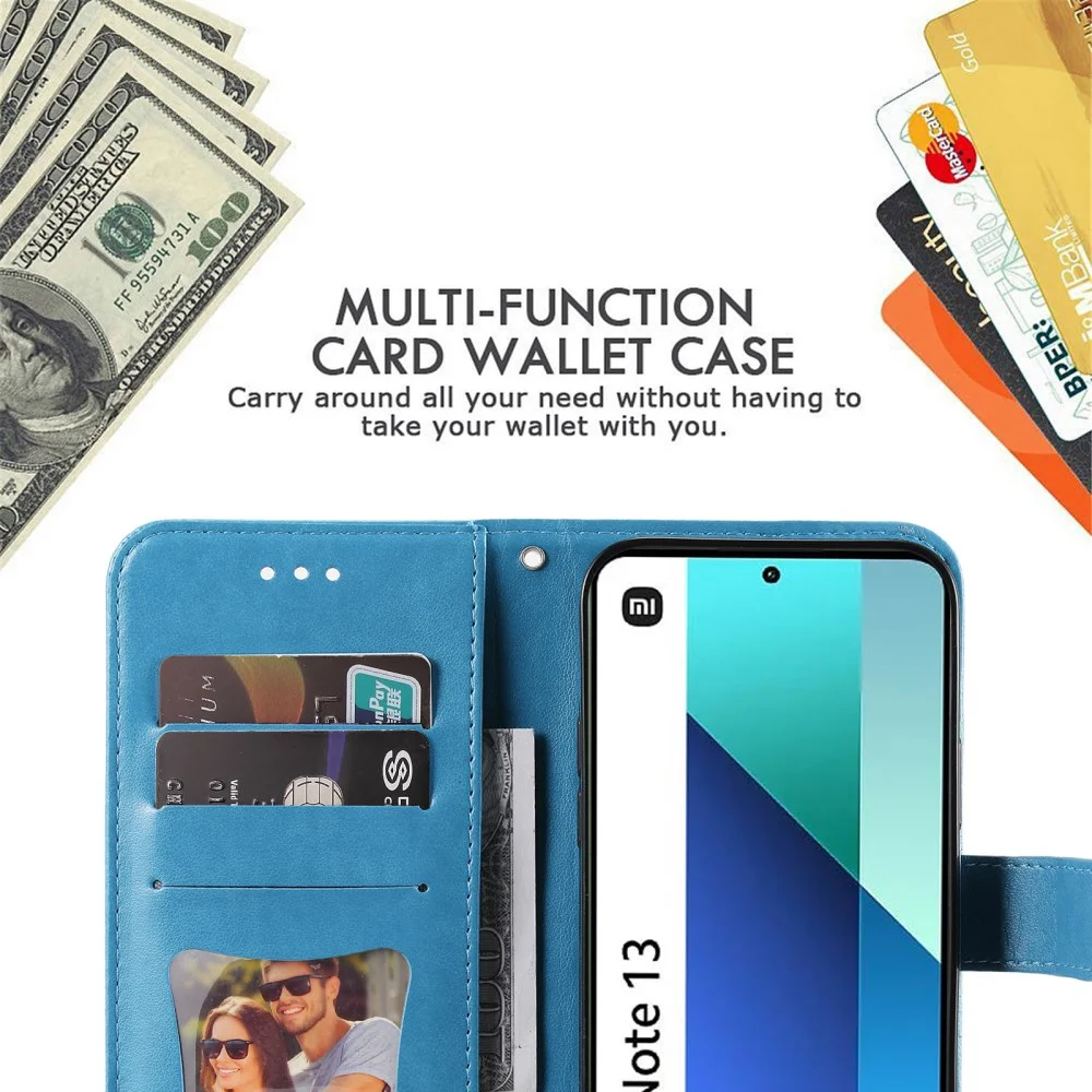 Xiaomi Redmi Note 13 4G Hoesje Bloemen Print Wallet Book Case Blauw afbeelding 3