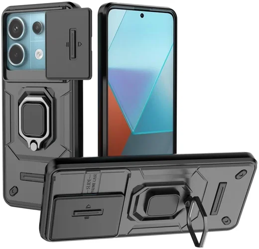 Xiaomi Redmi Note 13 Pro 5G Hoesje met Camera Slider en Kickstand Ring Zwart afbeelding 1