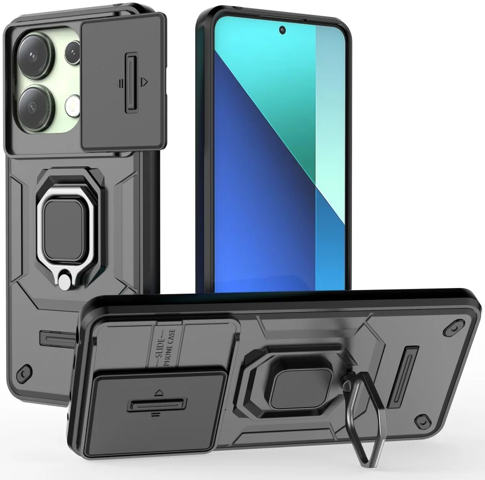 Xiaomi Redmi Note 13 4G Hoesje met Camera Slider en Kickstand Ring Zwart afbeelding 1