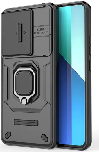 Xiaomi Redmi Note 13 4G Hoesje met Camera Slider en Kickstand Ring Zwart afbeelding 3