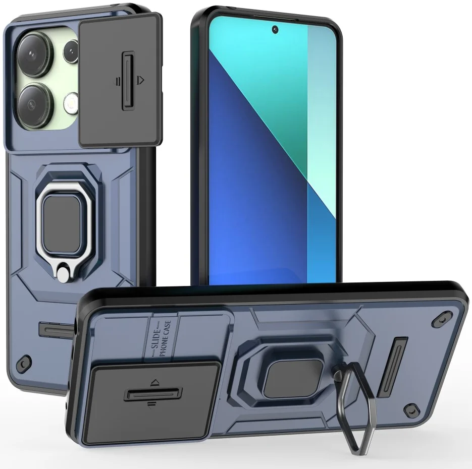 Xiaomi Redmi Note 13 4G Hoesje met Camera Slider en Kickstand Ring Blauw afbeelding 1