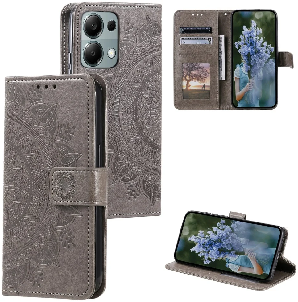 Xiaomi Redmi Note 13 Pro 4G/Poco M6 Pro 4G Hoesje Mandala Print Book Case Grijs afbeelding 7