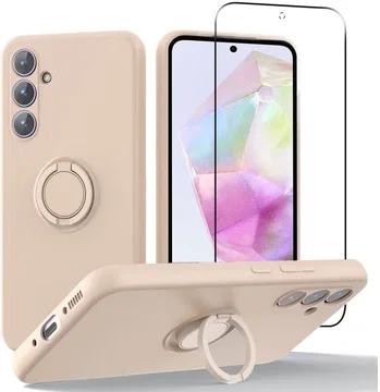Samsung Galaxy A35 Hoesje Siliconen Kickstand Roze + Tempered Glass