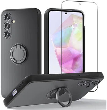 Samsung Galaxy A35 Hoesje Siliconen Kickstand Zwart + Tempered Glass