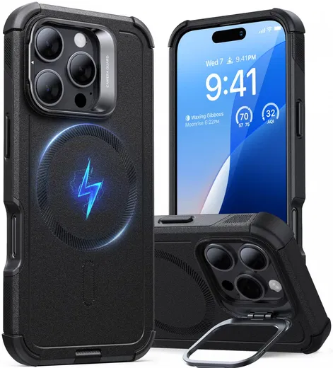 ESR Cyber Armor Apple iPhone 16 Pro Hoesje MagSafe met Stand Zwart afbeelding 1