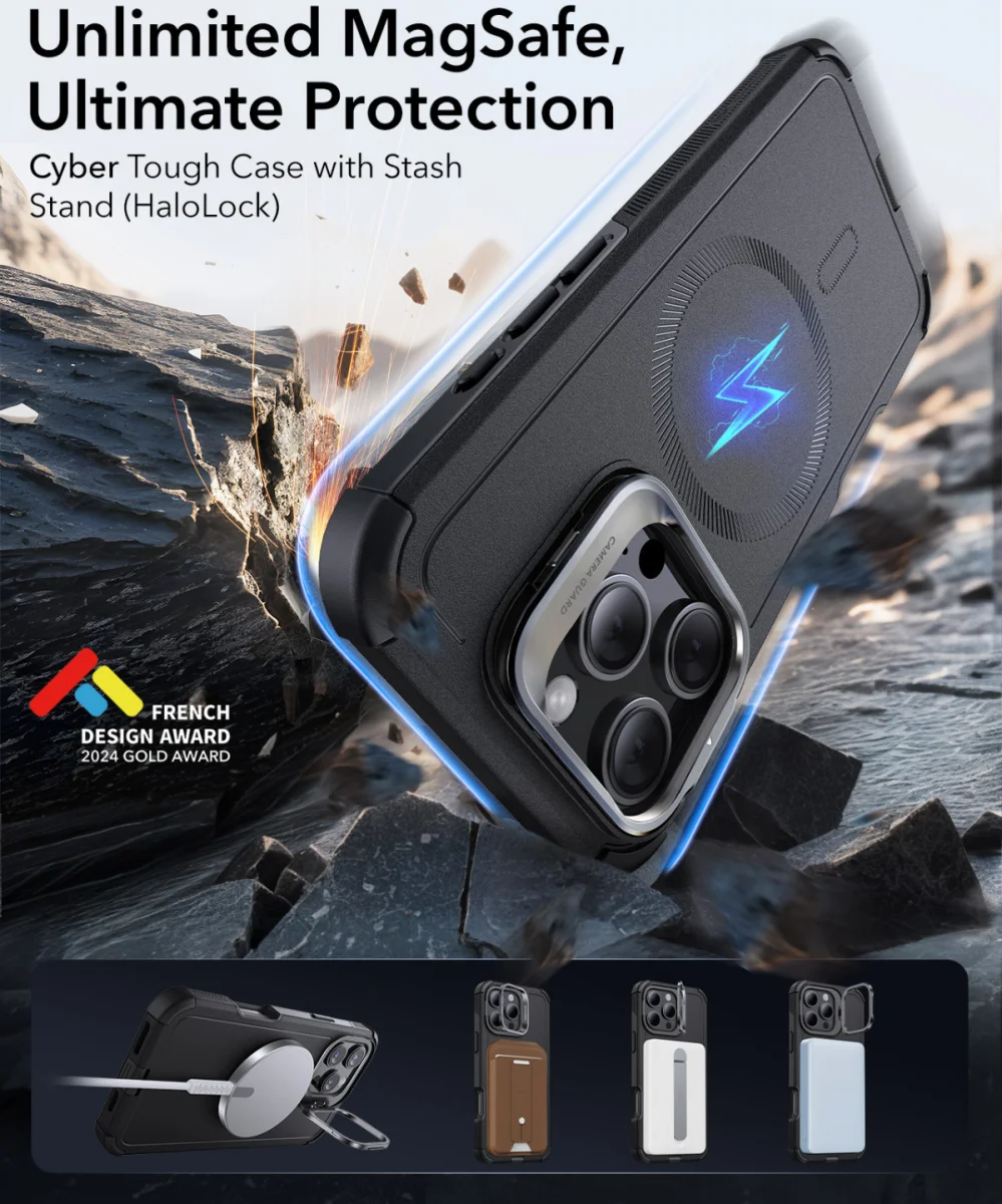 ESR Cyber Armor Apple iPhone 16 Pro Hoesje MagSafe met Stand Zwart afbeelding 2