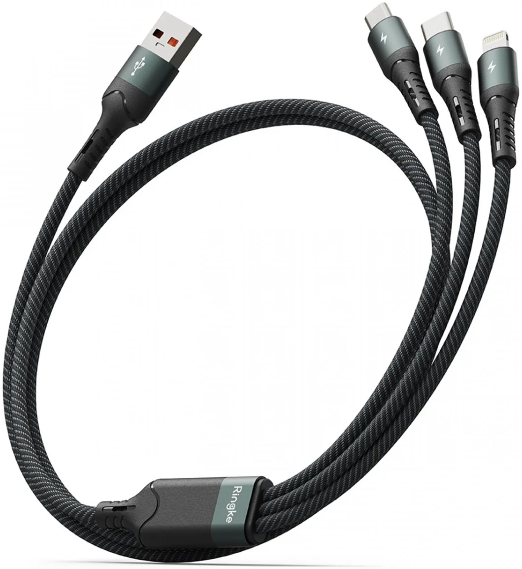 Ringke 3-in-1 Kabel USB-A naar Micro-USB / USB-C / Lightning 1.2M Zwart afbeelding 1