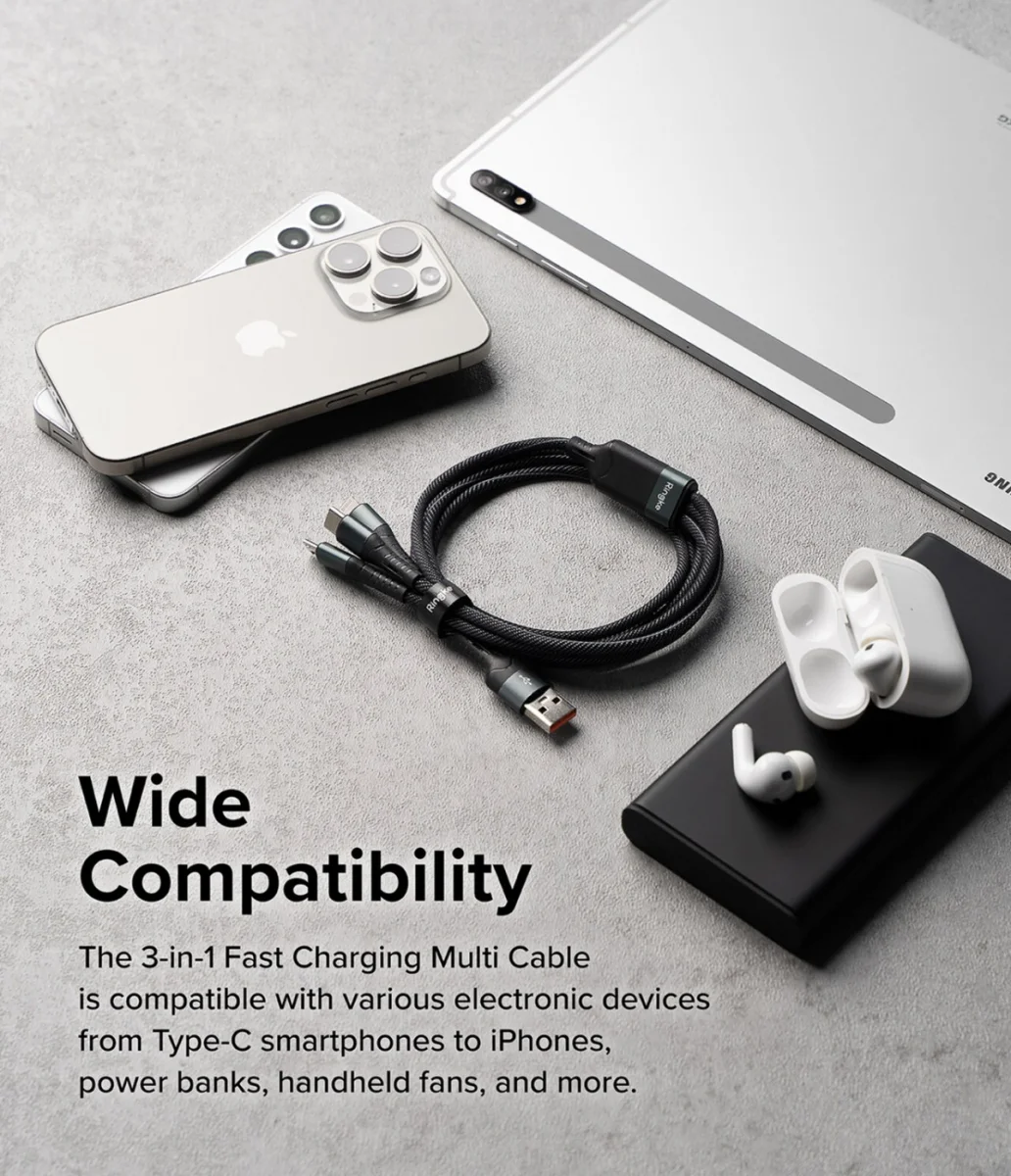 Ringke 3-in-1 Kabel USB-A naar Micro-USB / USB-C / Lightning 1.2M Zwart afbeelding 13