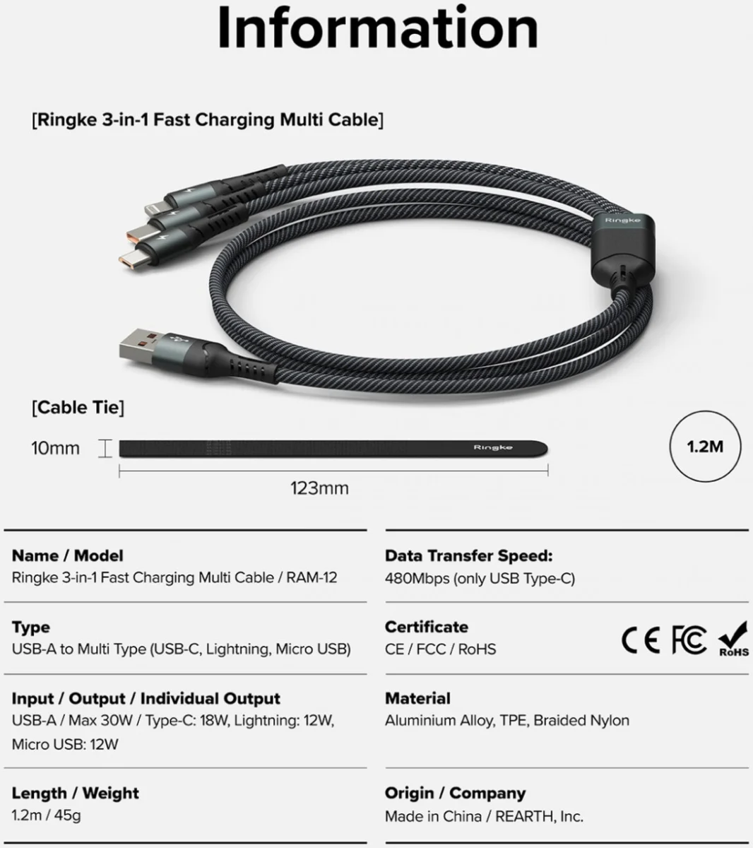 Ringke 3-in-1 Kabel USB-A naar Micro-USB / USB-C / Lightning 1.2M Zwart afbeelding 17