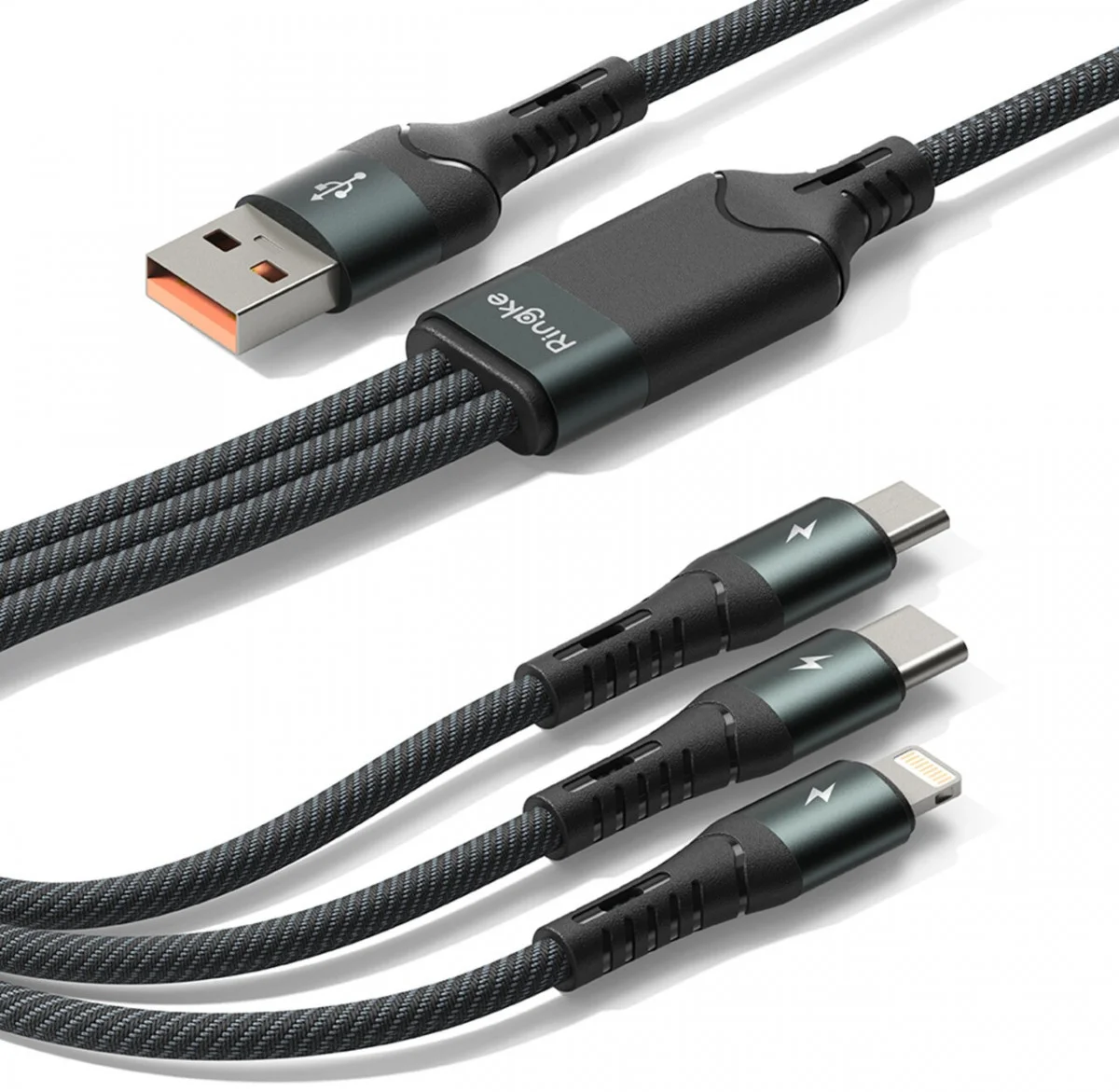 Ringke 3-in-1 Kabel USB-A naar Micro-USB / USB-C / Lightning 1.2M Zwart afbeelding 2