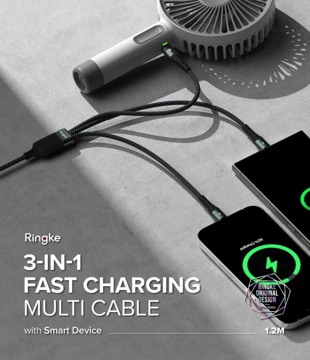 Ringke 3-in-1 Kabel USB-A naar Micro-USB / USB-C / Lightning 1.2M Zwart afbeelding 3