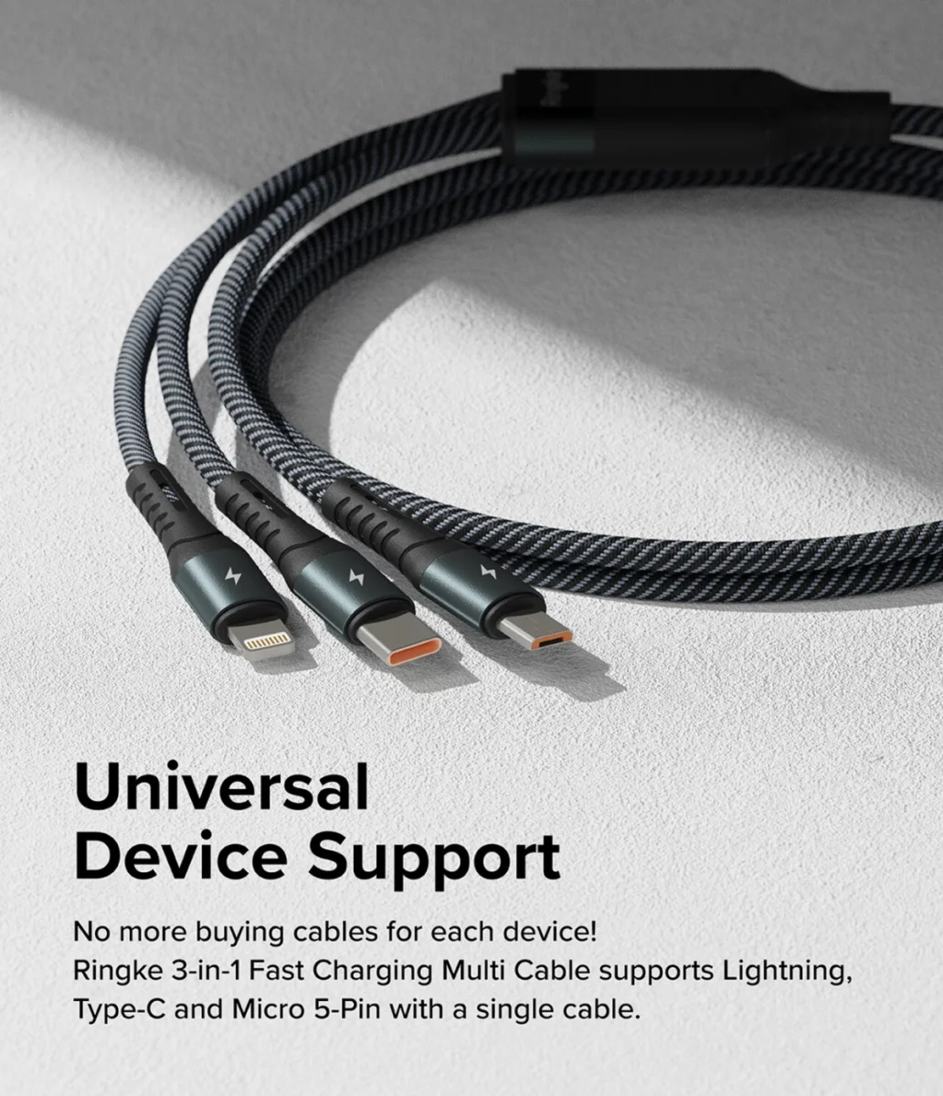 Ringke 3-in-1 Kabel USB-A naar Micro-USB / USB-C / Lightning 1.2M Zwart afbeelding 4
