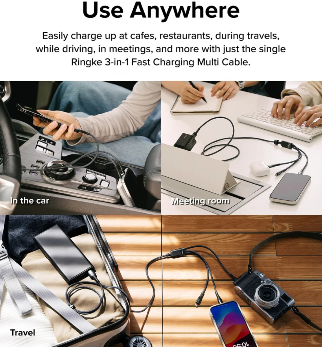 Ringke 3-in-1 Kabel USB-A naar Micro-USB / USB-C / Lightning 1.2M Zwart afbeelding 5