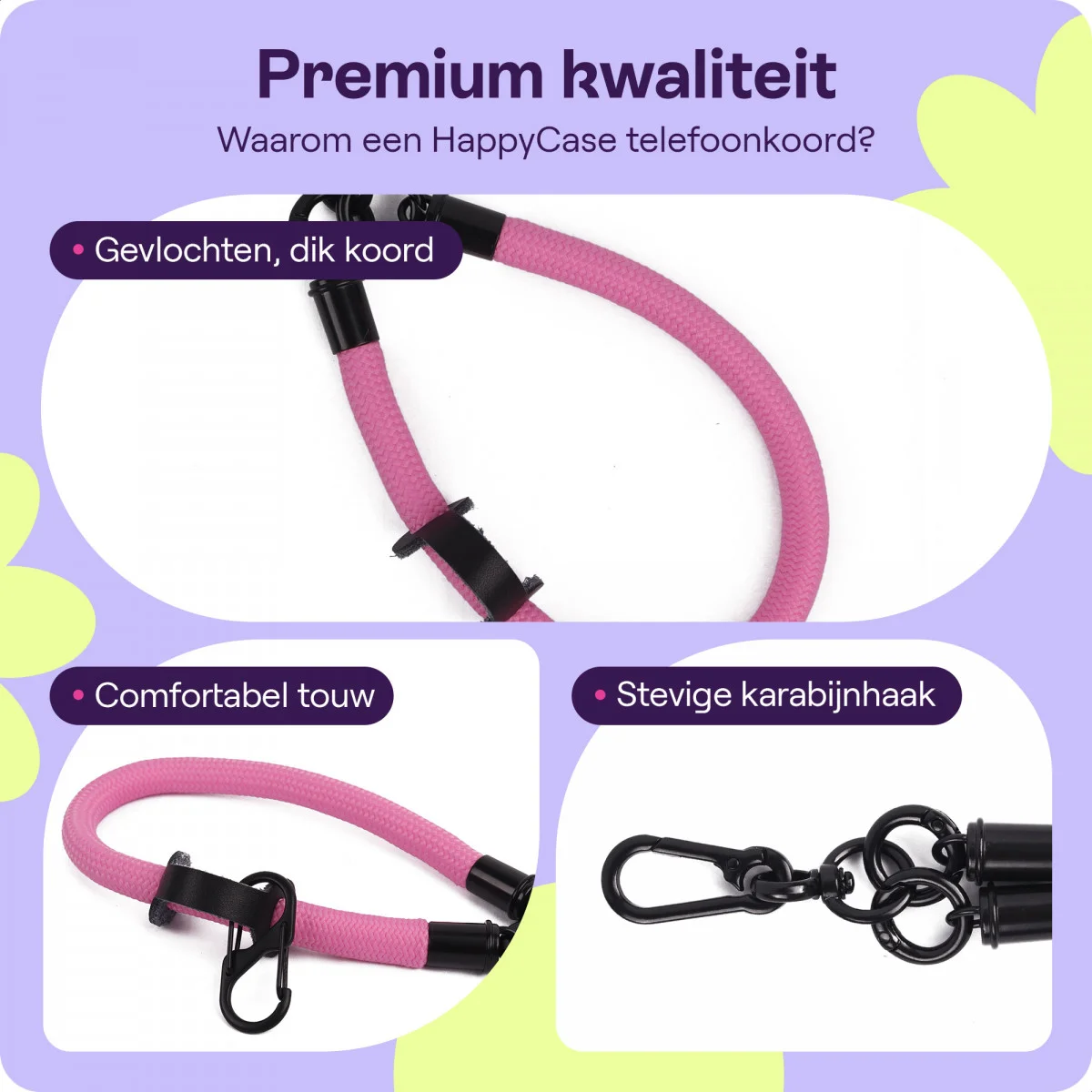 HappyCase Rhodos Stevig en Universeel Telefoonkoord / Polsbandje (30CM) Roze afbeelding 2