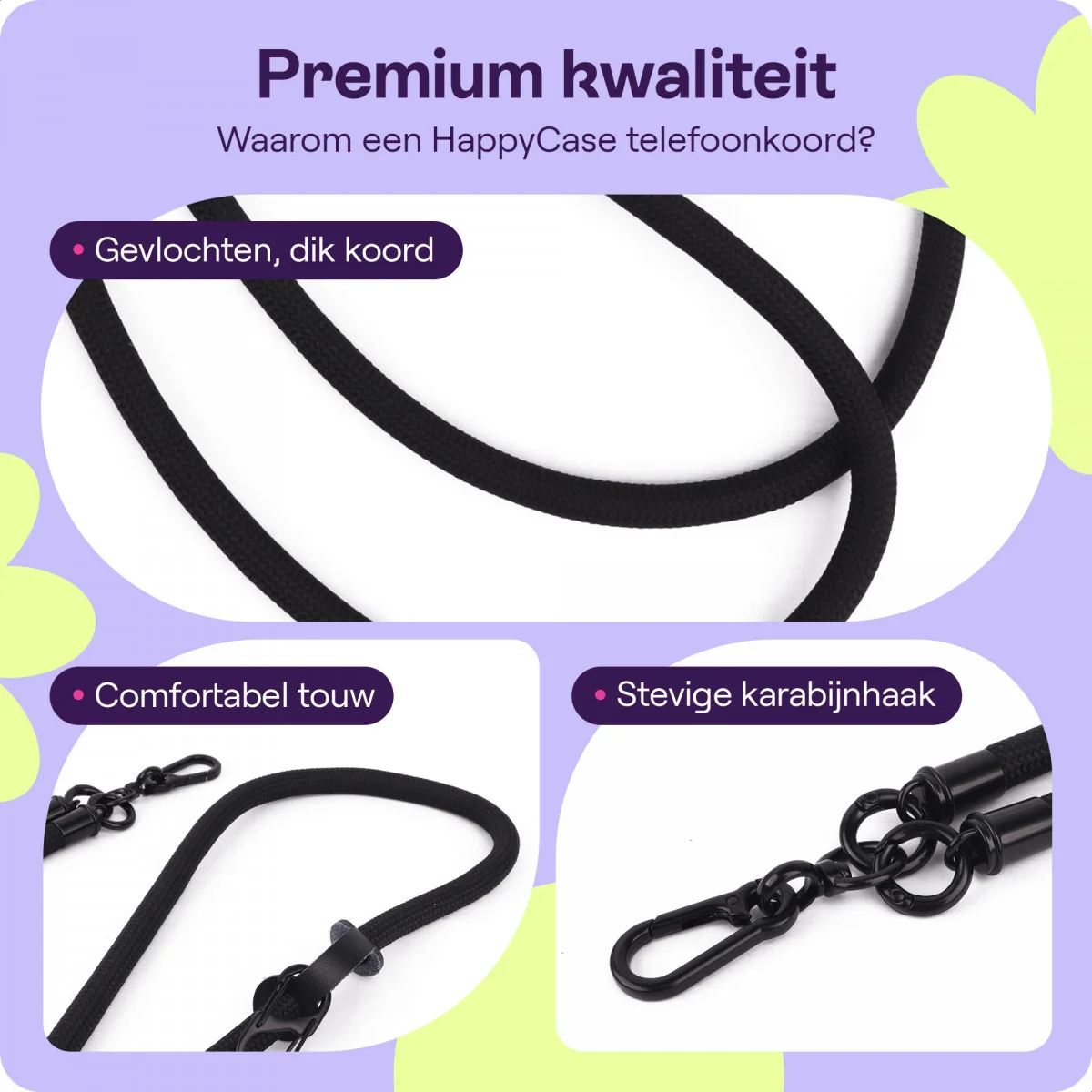 HappyCase Rhodos Stevig en Universeel Telefoonkoord / Telefoontouw (120CM) Zwart afbeelding 2
