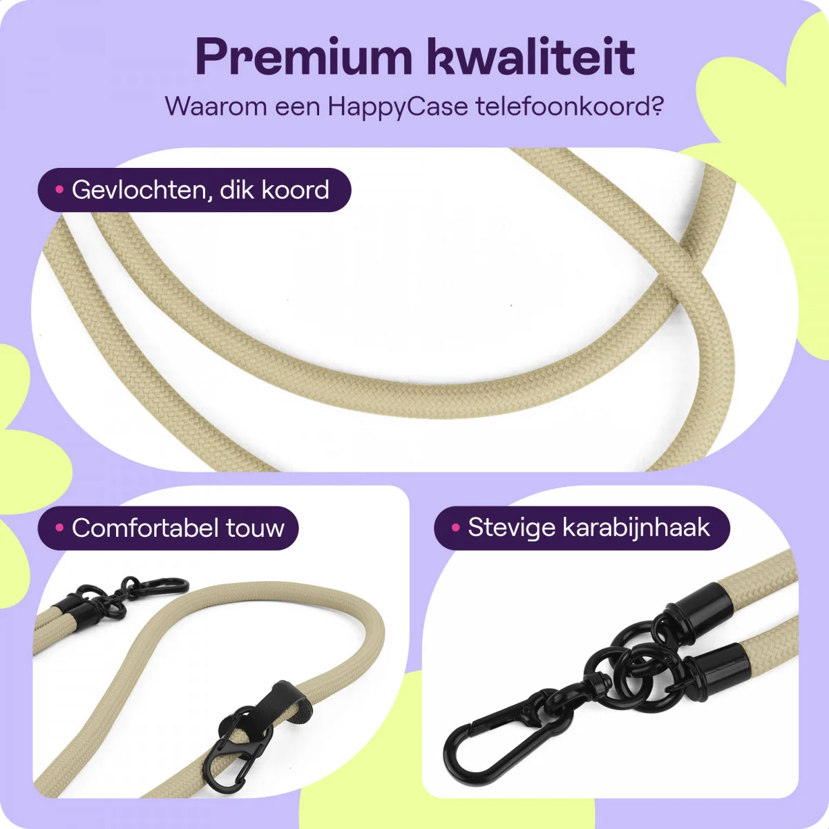 HappyCase Rhodos Stevig en Universeel Telefoonkoord / Telefoontouw (120CM) Beige afbeelding 2