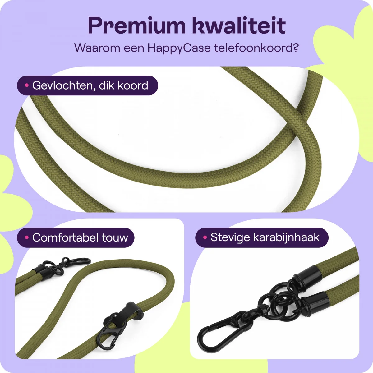 HappyCase Rhodos Stevig en Universeel Telefoonkoord / Telefoontouw (120CM) Groen afbeelding 2