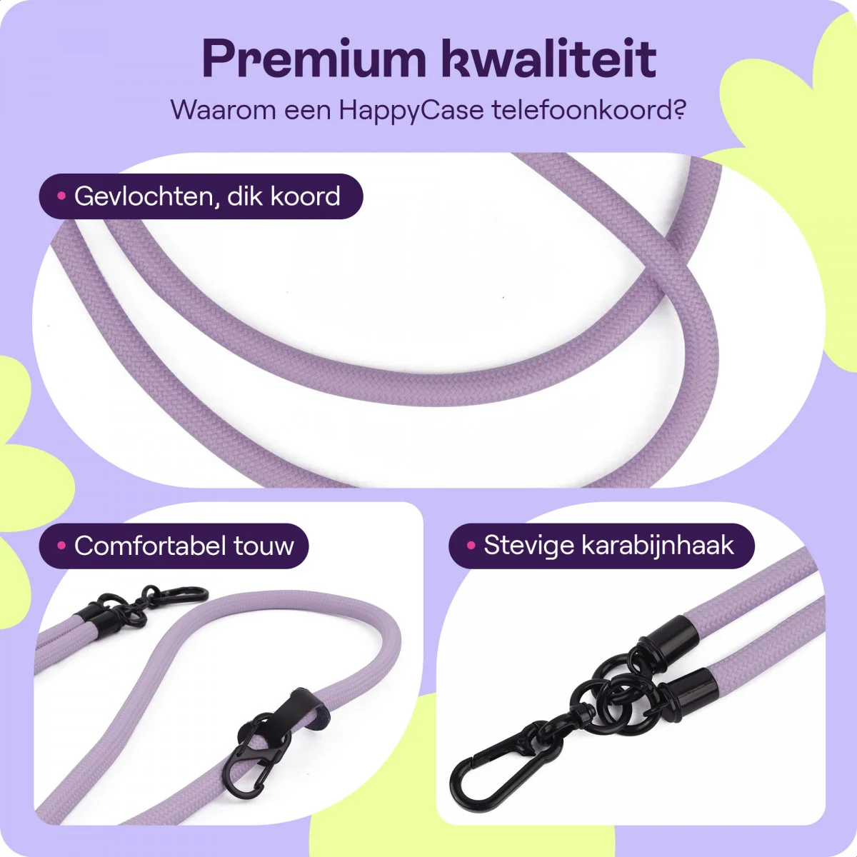 HappyCase Rhodos Stevig en Universeel Telefoonkoord / Telefoontouw (120CM) Paars afbeelding 2