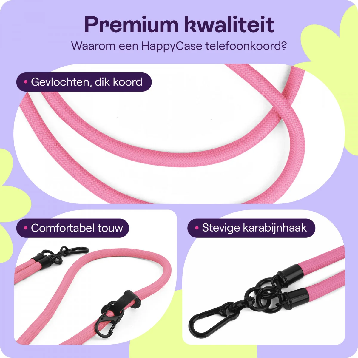 HappyCase Rhodos Stevig en Universeel Telefoonkoord / Telefoontouw (120CM) Roze afbeelding 2