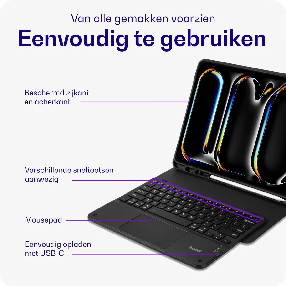 Buddi Zuna Apple iPad Air 13 (24/25/26) Hoes QWERTY Toetsenbord Book Case Zwart afbeelding 3