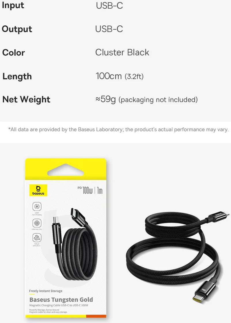 Baseus Tungsten Gold 100W Magnetische USB-C naar USB-C Kabel 1M Zwart afbeelding 17