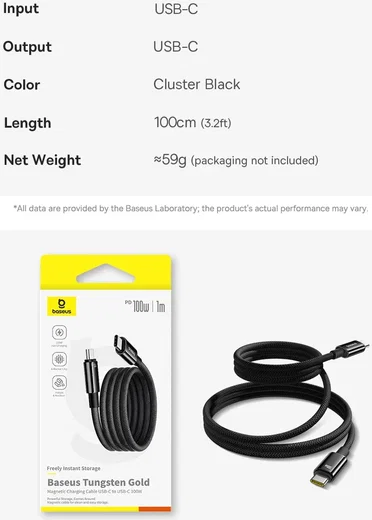 Baseus Tungsten Gold 100W Magnetische USB-C naar USB-C Kabel 1M Zwart afbeelding 17