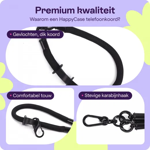HappyCase Rhodos Stevig en Universeel Telefoonkoord / Polsbandje (30CM) Zwart afbeelding 2