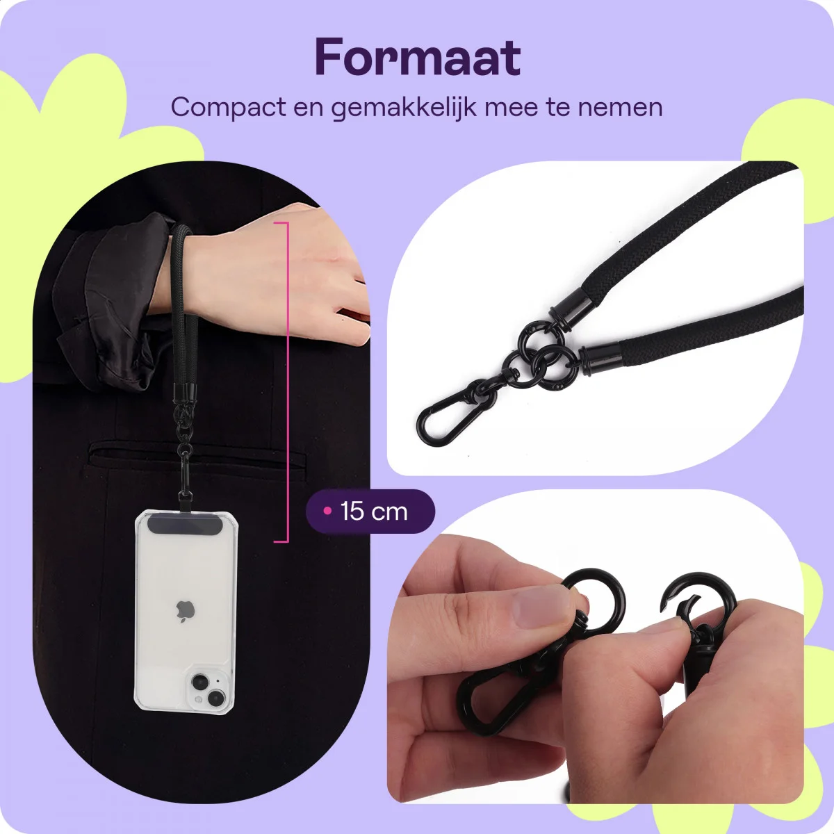 HappyCase Rhodos Stevig en Universeel Telefoonkoord / Polsbandje (30CM) Zwart afbeelding 3