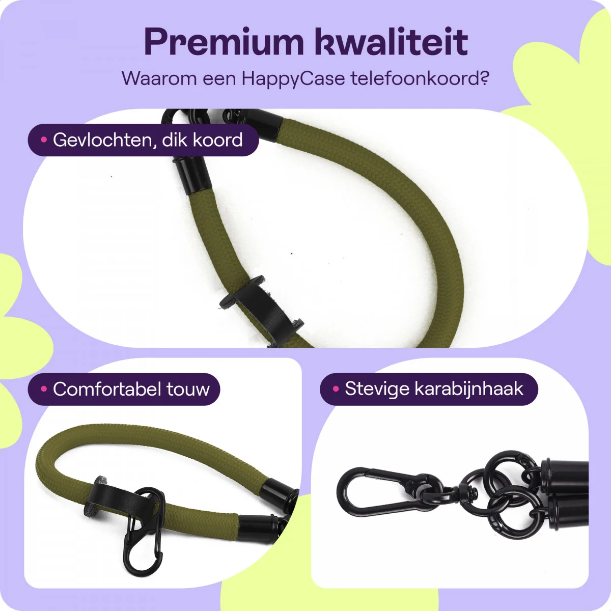 HappyCase Rhodos Stevig en Universeel Telefoonkoord / Polsbandje (30CM) Groen afbeelding 2