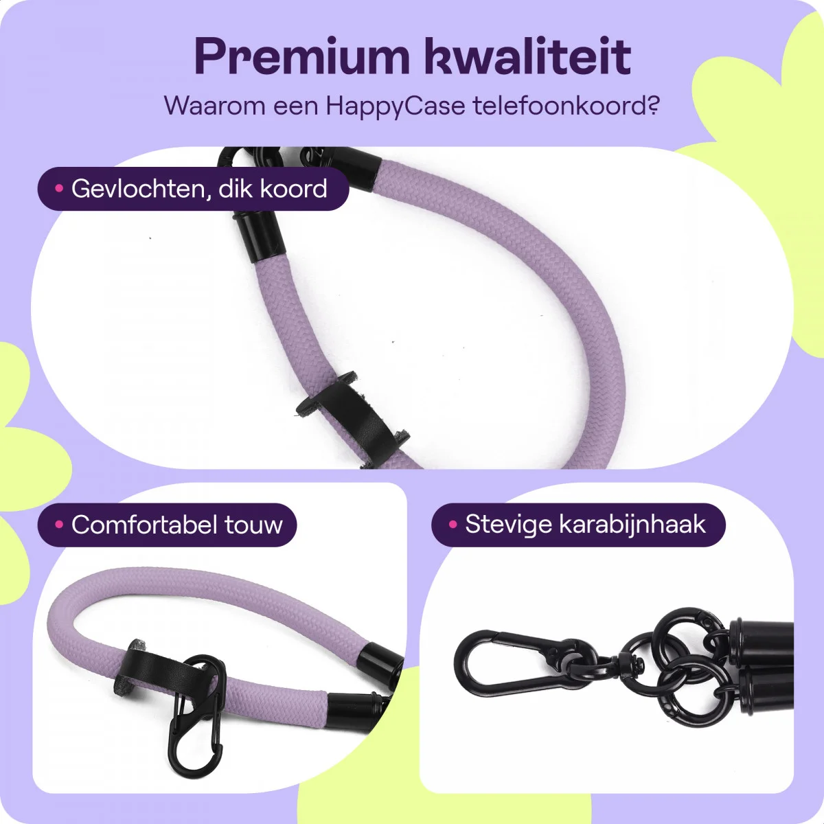 HappyCase Rhodos Stevig en Universeel Telefoonkoord / Polsbandje (30CM) Paars afbeelding 2